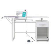 Pro Line Sewing Machine and Office Desk with Fold-Down Top, Height Adjustable Platform, Drawer and Storage Cabinet