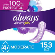 Always Discreet plus Incontinence & Postpartum Pads for Women, Moderate (153 ct.)