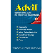 Advil Pain Reliever / Fever Reducer Coated Tablet, 200 mg. Ibuprofen (50 pk., 2 tablets/pk.)