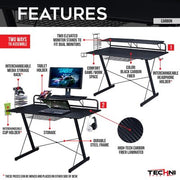 Techni Sport TS-200 Carbon Computer Gaming Desk with Shelving, Black